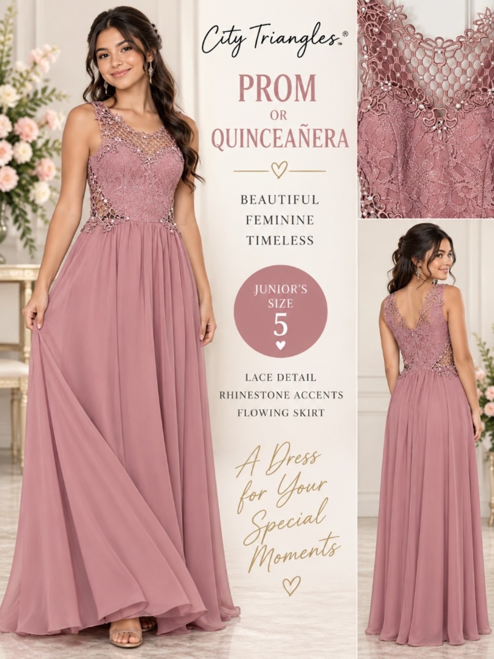 City Triangles Junior’s Size 5 Mauve Lace Rhinestone Prom Quinceañera Gown